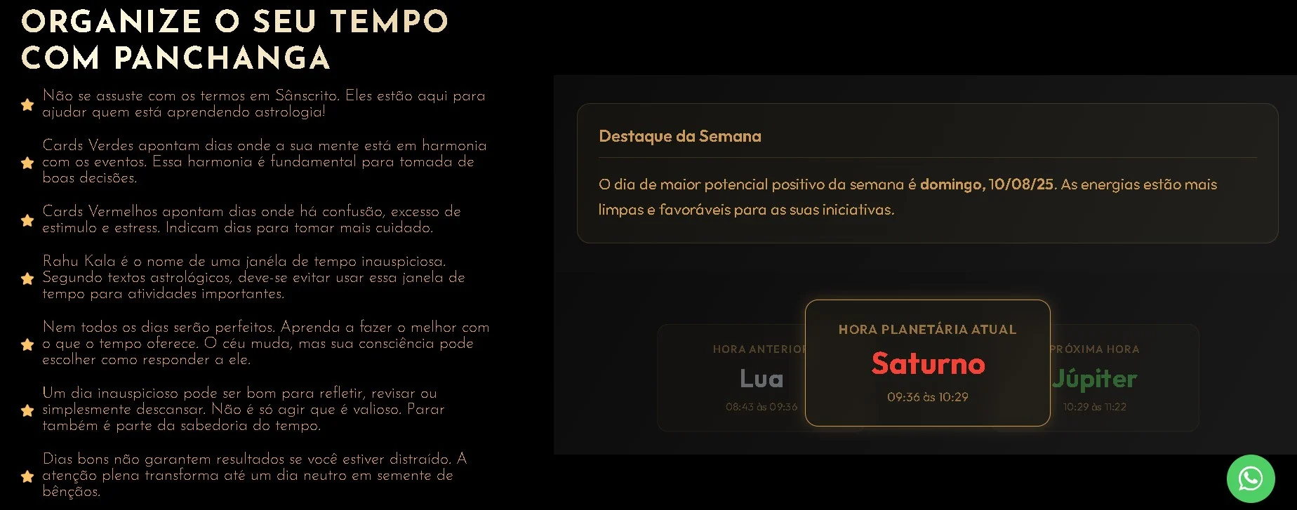 Exemplo do painel de astrologia com dias favoráveis